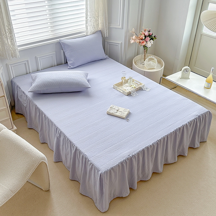 91家纺网 家纺一手货源 找家纺 紫碧螺 2023新款水洗棉麻韩版印花绗缝双面床裙 床裙-紫