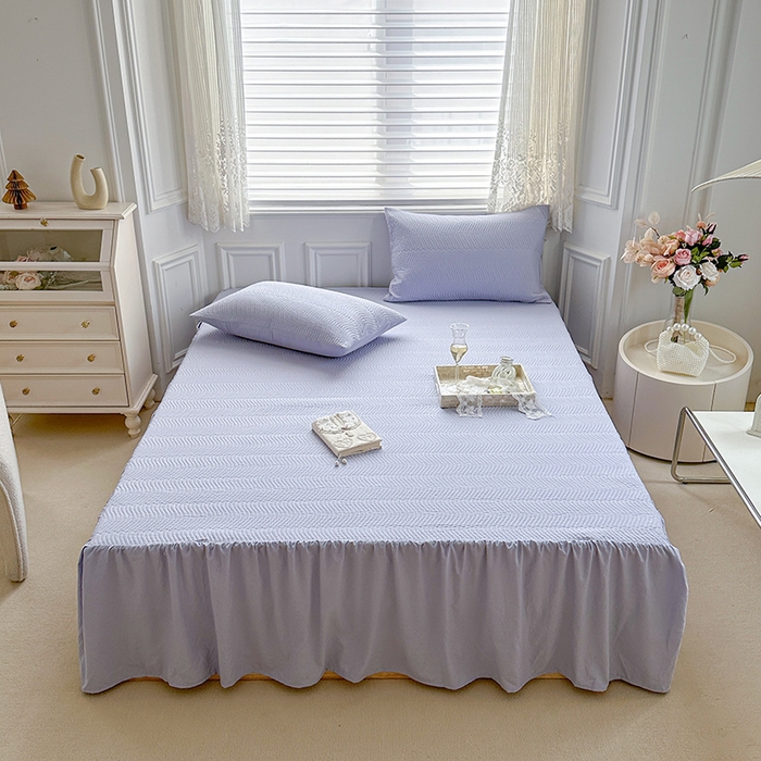 91家纺网 家纺一手货源 找家纺 紫碧螺 2023新款水洗棉麻韩版印花绗缝双面床裙 床裙-紫