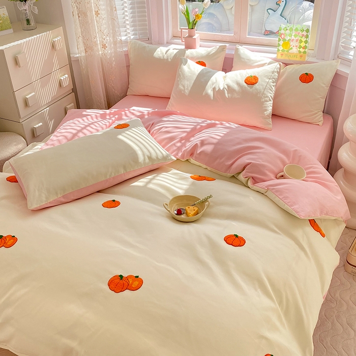 91家纺网 家纺一手货源 找家纺 欧冠家纺 2024春夏新品专版韩版四季款水洗棉毛巾绣四件套 南瓜派