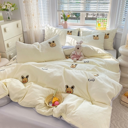 欧冠家纺 2024春夏新品专版韩版四季款水洗棉毛巾绣四件套 小狗