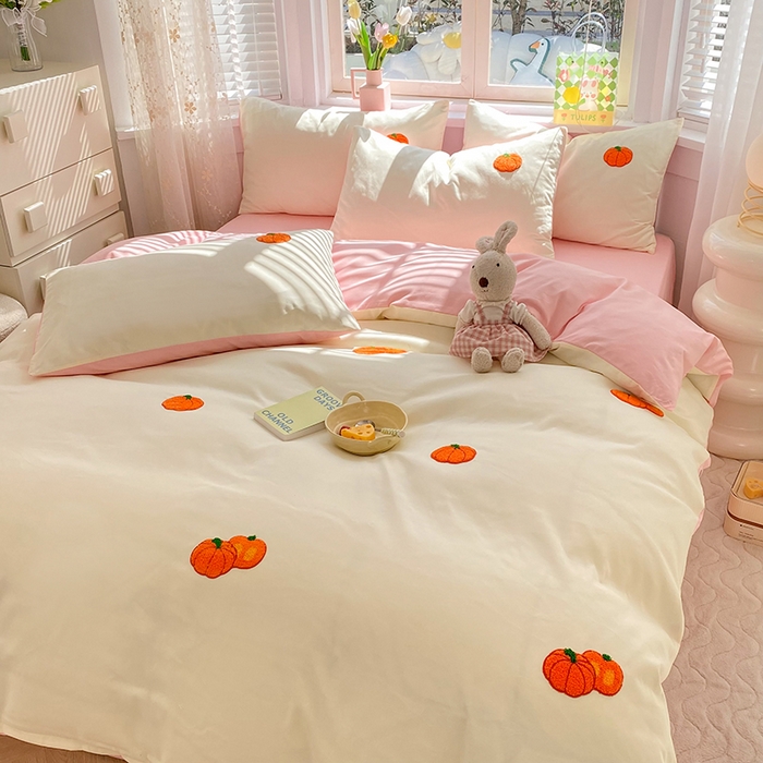 91家纺网 家纺一手货源 找家纺 欧冠家纺 2024春夏新品专版韩版四季款水洗棉毛巾绣四件套 南瓜派