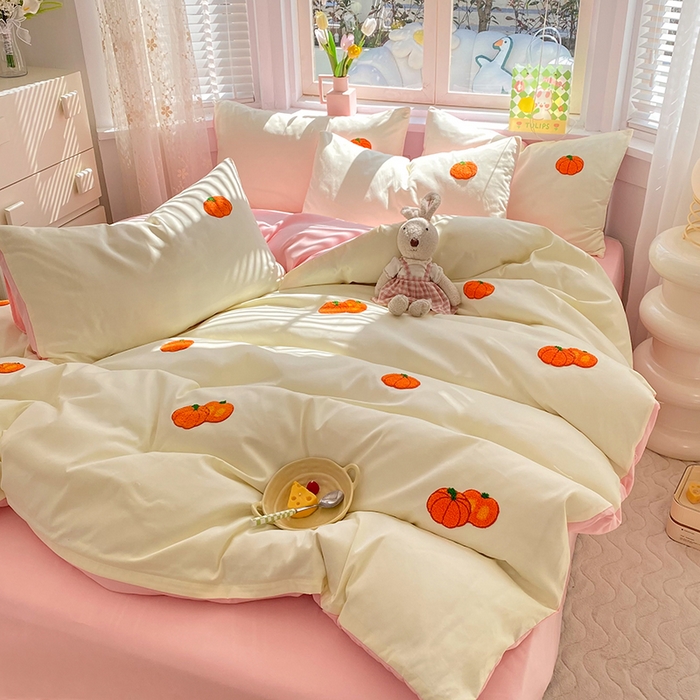 91家纺网 家纺一手货源 找家纺 欧冠家纺 2024春夏新品专版韩版四季款水洗棉毛巾绣四件套 南瓜派