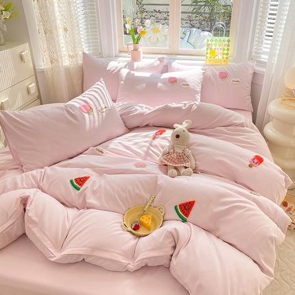 欧冠家纺 2024春夏新品专版韩版四季款水洗棉毛巾绣四件套 西瓜