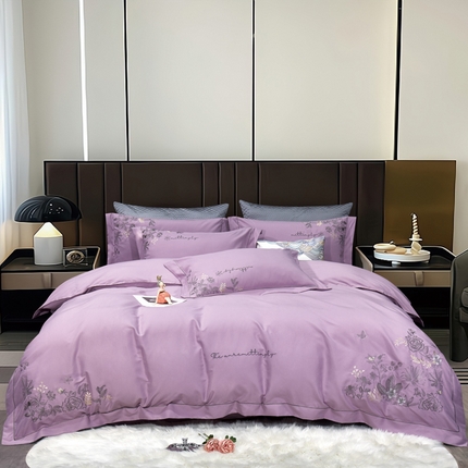 91家纺网 家纺一手货源 找家纺 云锦家居  2024春夏新品云柔棉刺绣四件套-南希 南希-罗兰紫