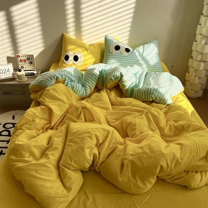 91家纺网 家纺一手货源 找家纺 总奈颜 2023新款爆款水洗棉双层纱毛巾绣四件套-条纹大眼（第二组）