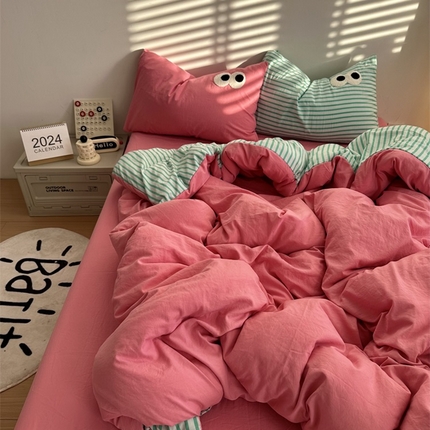 91家纺网 家纺一手货源 找家纺 总奈颜 2023新款爆款水洗棉双层纱毛巾绣四件套-条纹大眼（第二组）