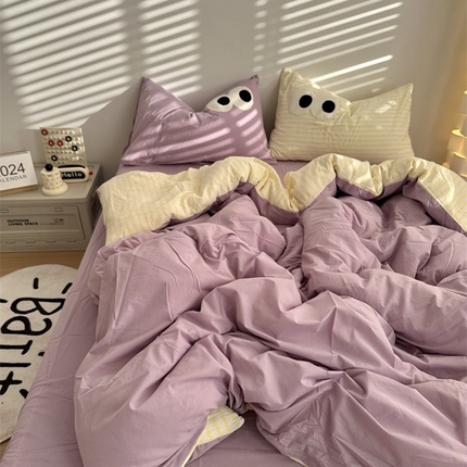 91家纺网 家纺一手货源 找家纺 总奈颜 2023新款爆款水洗棉双层纱毛巾绣四件套-条纹大眼（第二组）