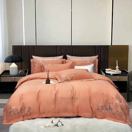 91家纺网 家纺一手货源 找家纺 云锦家居  2024春夏新品云柔棉刺绣四件套-南希 南希-爱妃橙