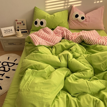 91家纺网 家纺一手货源 找家纺 总奈颜 2023新款爆款水洗棉双层纱毛巾绣四件套-条纹大眼（第二组）