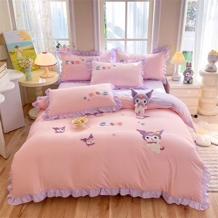 91家纺网 家纺一手货源 找家纺 雨菲家纺 2024新款水洗棉毛巾绣米米兔和开心狗四件套 米米兔-粉紫