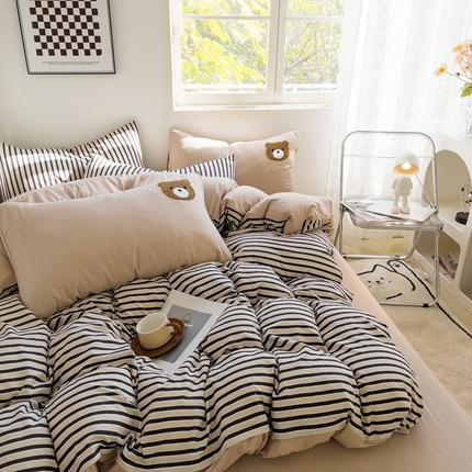 梦嘉居 2024新款   直播热款A类ins风超柔亲肤磨毛水洗棉条纹毛巾绣被套，床笠，三件套四件套 黑条+奶茶