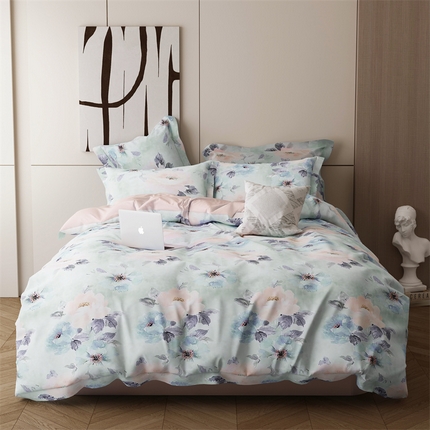 91家纺网 家纺一手货源 找家纺 爱丽丝 2024新款柔柔棉数码印花四件套 素雅