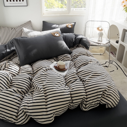 梦嘉居 2024新款   直播热款A类ins风超柔亲肤磨毛水洗棉条纹毛巾绣被套，床笠，三件套四件套 黑条+炭灰