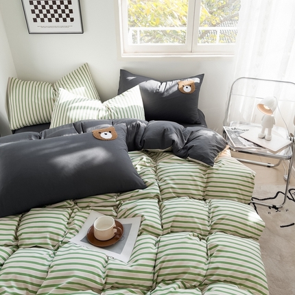 梦嘉居 2024新款   直播热款A类ins风超柔亲肤磨毛水洗棉条纹毛巾绣被套，床笠，三件套四件套 绿条+炭灰