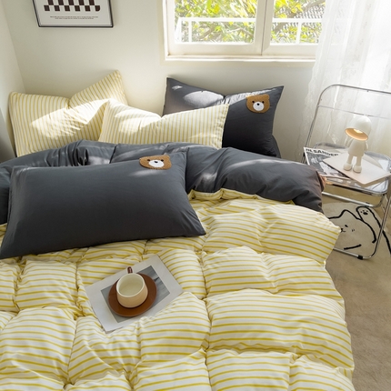 梦嘉居 2024新款   直播热款A类ins风超柔亲肤磨毛水洗棉条纹毛巾绣被套，床笠，三件套四件套 黄条+炭灰