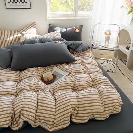 梦嘉居 2024新款   直播热款A类ins风超柔亲肤磨毛水洗棉条纹毛巾绣被套，床笠，三件套四件套 咖条+炭灰