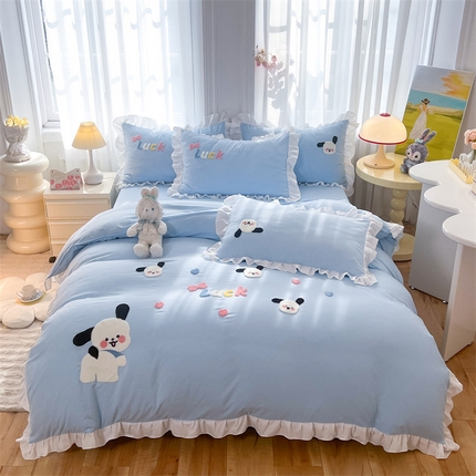 91家纺网 家纺一手货源 找家纺 雨菲家纺 2024新款水洗棉毛巾绣米米兔和开心狗四件套 开心狗-蓝