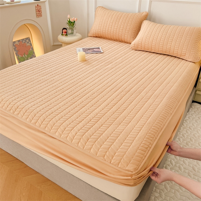 91家纺网 家纺一手货源 找家纺 梦舒羽 2025新款抗菌防水夹棉床笠-轻奢款 轻奢款-橘黄色