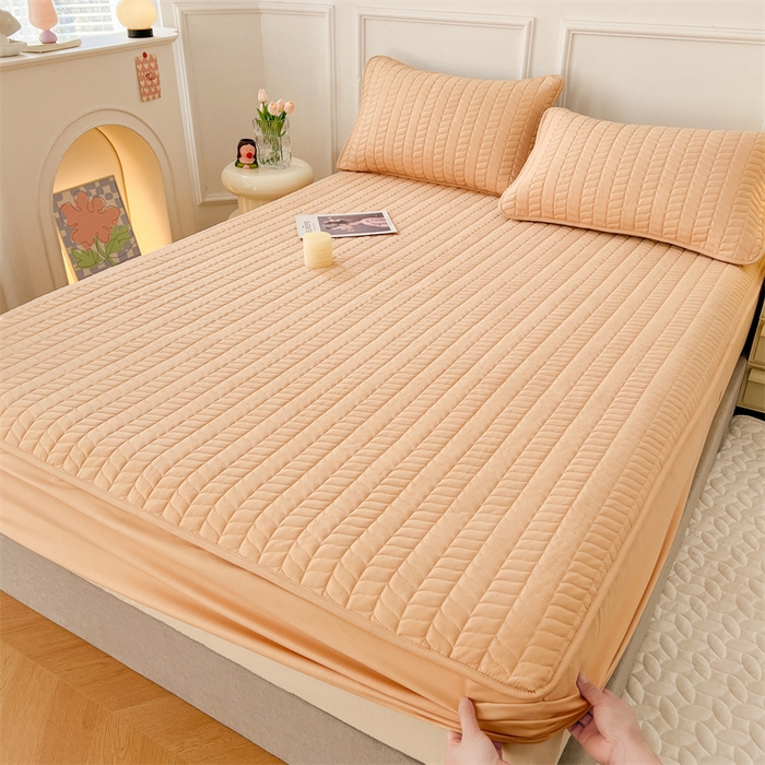 91家纺网 家纺一手货源 找家纺 梦舒羽 2025新款抗菌防水夹棉床笠-轻奢款 轻奢款-橘黄色