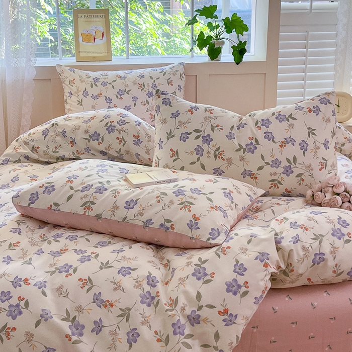 91家纺网 家纺一手货源 找家纺 清雅福 2024春夏新品喷气全棉13372印花系列-四件套 紫薇