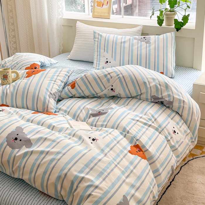 91家纺网 家纺一手货源 找家纺 清雅福 2024春夏新品喷气全棉13372印花系列-四件套 调皮狗