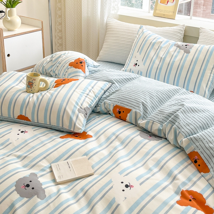 91家纺网 家纺一手货源 找家纺 清雅福 2024春夏新品喷气全棉13372印花系列-四件套 调皮狗