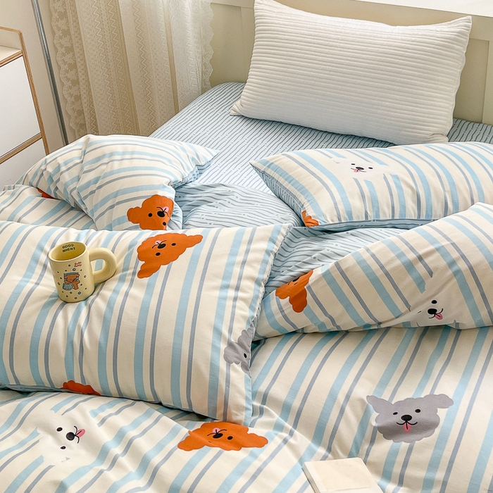 91家纺网 家纺一手货源 找家纺 清雅福 2024春夏新品喷气全棉13372印花系列-四件套 调皮狗