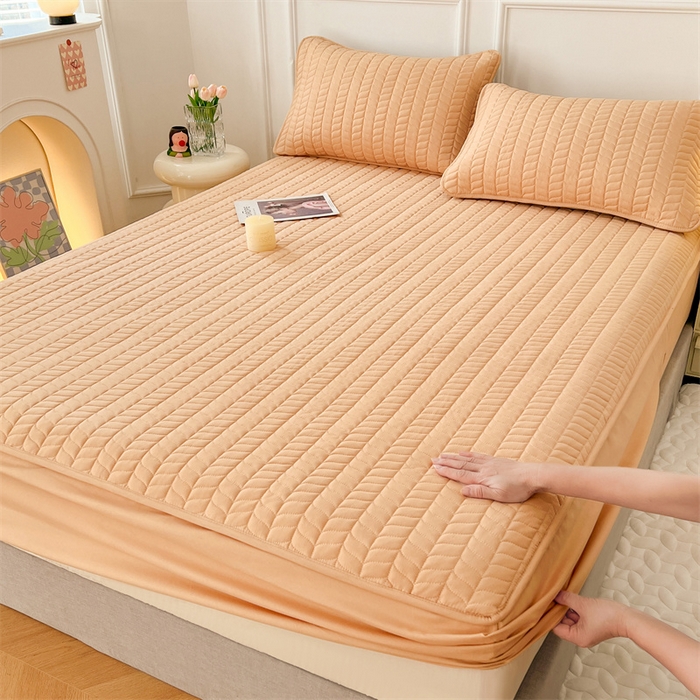 91家纺网 家纺一手货源 找家纺 梦舒羽 2025新款抗菌防水夹棉床笠-轻奢款 轻奢款-橘黄色