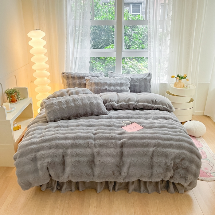 91家纺网 家纺一手货源 找家纺 慕澄家纺 2024新款大泡泡兔毛绒加厚保暖四件套 兔绒-灰