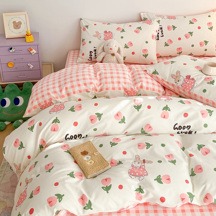 91家纺网 家纺一手货源 找家纺 吉象家纺 2024新款全棉印花卡通四件套系列 郁金香粉兔