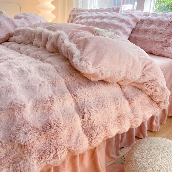 91家纺网 家纺一手货源 找家纺 慕澄家纺 2024新款大泡泡兔毛绒加厚保暖四件套 兔绒-粉