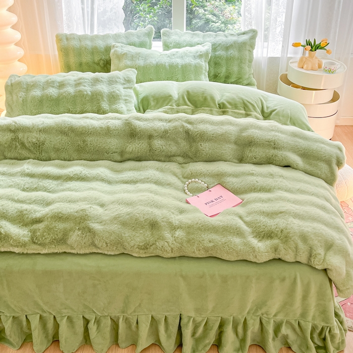 91家纺网 家纺一手货源 找家纺 慕澄家纺 2024新款大泡泡兔毛绒加厚保暖四件套 兔绒-绿