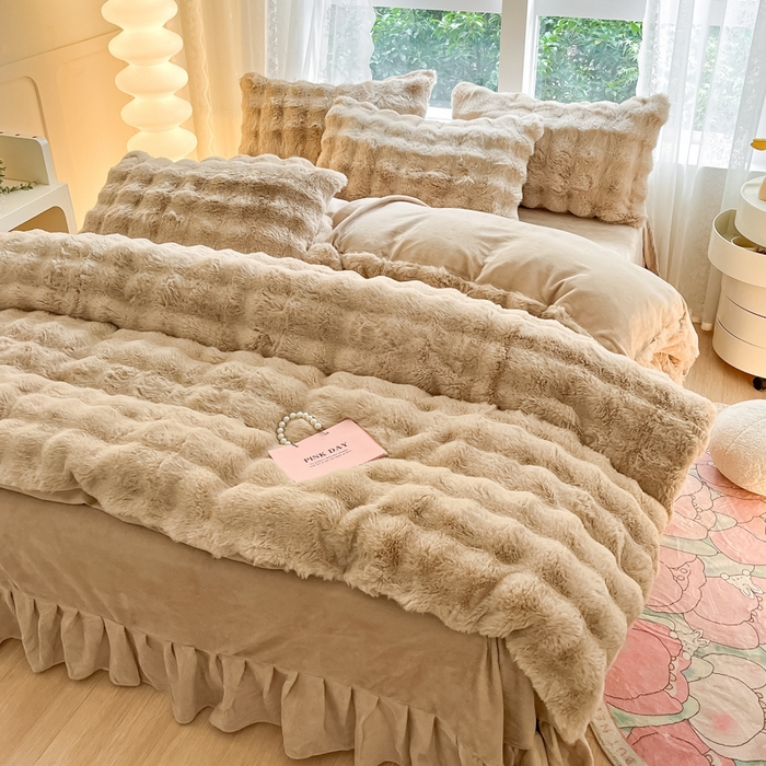 91家纺网 家纺一手货源 找家纺 慕澄家纺 2024新款大泡泡兔毛绒加厚保暖四件套 兔绒-咖