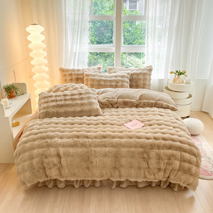 91家纺网 家纺一手货源 找家纺 慕澄家纺 2024新款大泡泡兔毛绒加厚保暖四件套 兔绒-咖