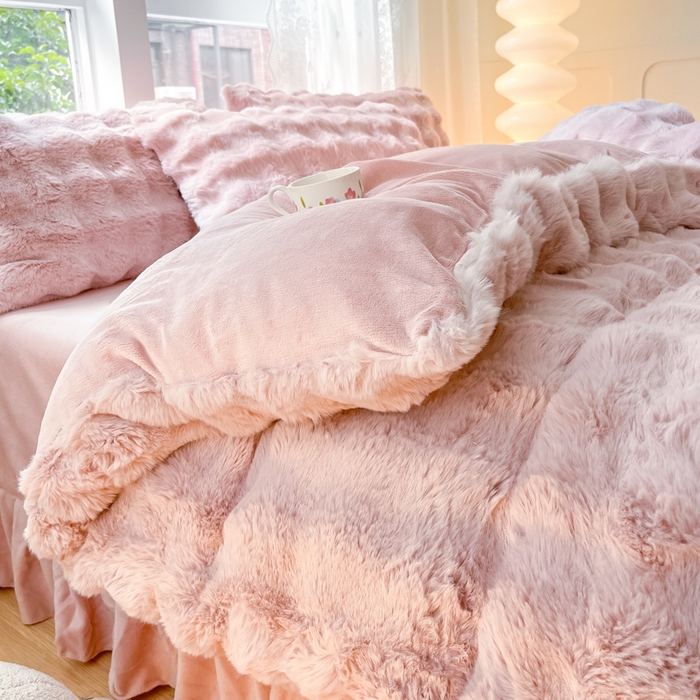 91家纺网 家纺一手货源 找家纺 慕澄家纺 2024新款大泡泡兔毛绒加厚保暖四件套 兔绒-粉