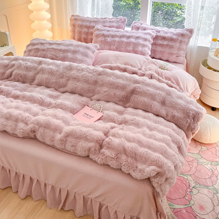 91家纺网 家纺一手货源 找家纺 慕澄家纺 2024新款大泡泡兔毛绒加厚保暖四件套 兔绒-粉