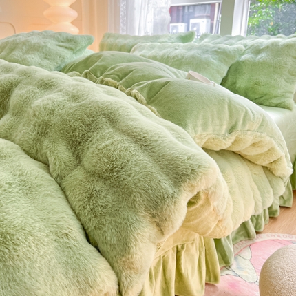 慕澄家纺 2024新款大泡泡兔毛绒加厚保暖四件套 兔绒-绿