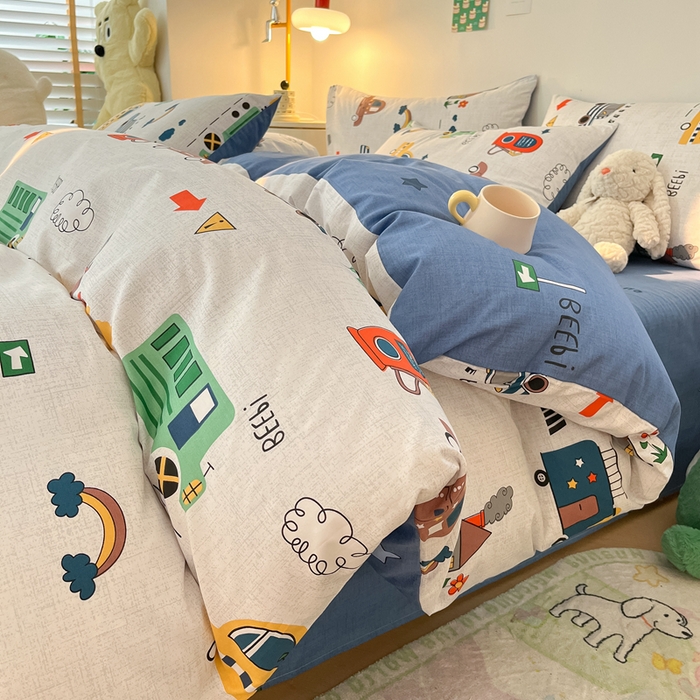 91家纺网 家纺一手货源 找家纺 吉象家纺 2024新款全棉印花卡通四件套系列 汽车嘟嘟