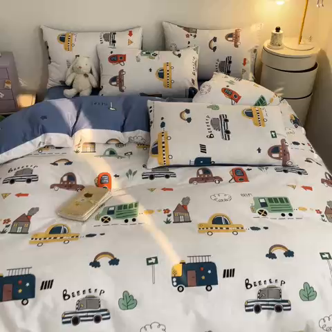 91家纺网 家纺一手货源 找家纺 吉象家纺 2024新款全棉印花卡通四件套系列 汽车嘟嘟