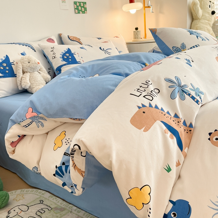 91家纺网 家纺一手货源 找家纺 吉象家纺 2024新款全棉印花卡通四件套系列 趣味恐龙