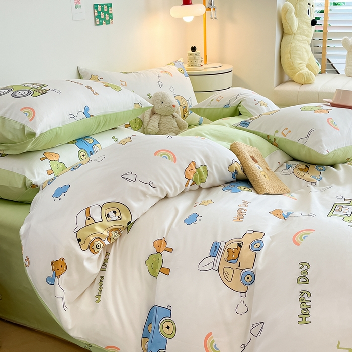 91家纺网 家纺一手货源 找家纺 吉象家纺 2024新款全棉印花卡通四件套系列 工程车