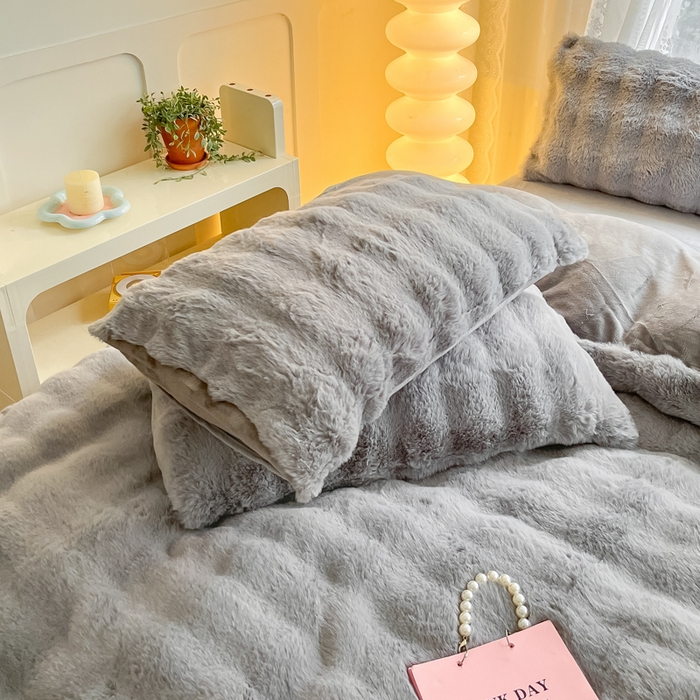 91家纺网 家纺一手货源 找家纺 慕澄家纺 2024新款大泡泡兔毛绒加厚保暖四件套 兔绒-灰