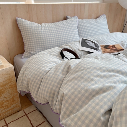 91家纺网 家纺一手货源 找家纺 六巷胡同 2024新款ins博主风潮系嵌绳边四件套 嵌绳蓝格