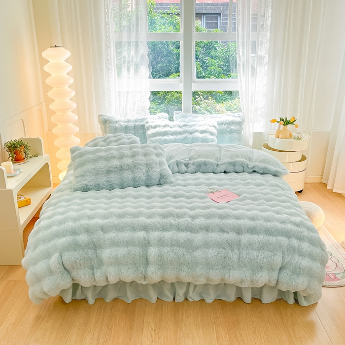 91家纺网 家纺一手货源 找家纺 慕澄家纺 2024新款大泡泡兔毛绒加厚保暖四件套 兔绒-蓝