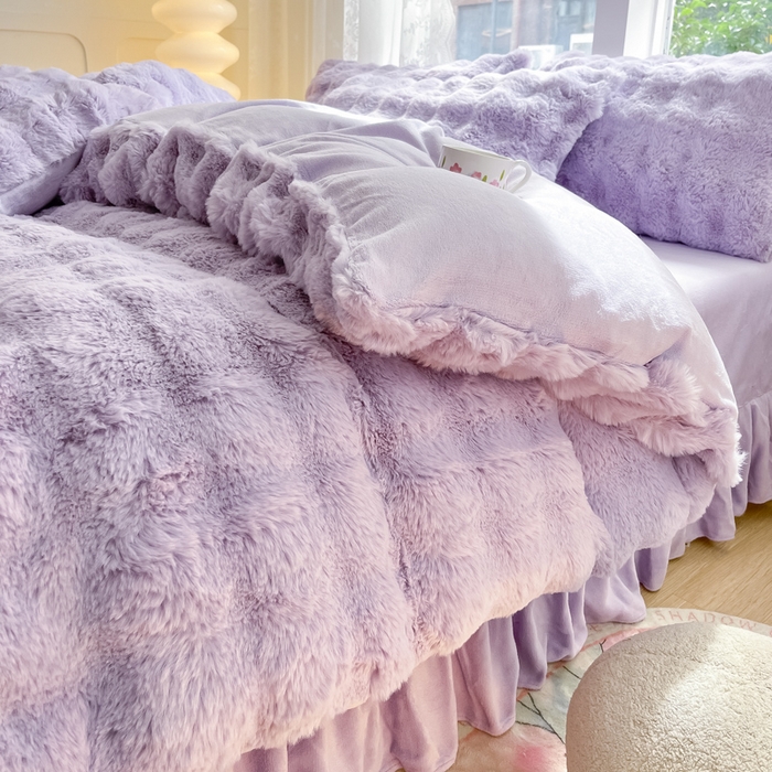 91家纺网 家纺一手货源 找家纺 慕澄家纺 2024新款大泡泡兔毛绒加厚保暖四件套 兔绒-紫