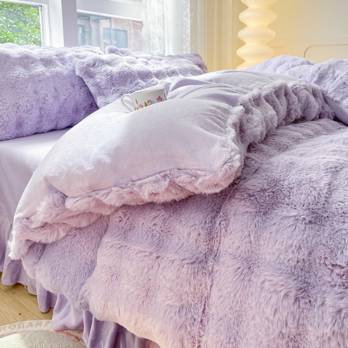 91家纺网 家纺一手货源 找家纺 慕澄家纺 2024新款大泡泡兔毛绒加厚保暖四件套 兔绒-紫