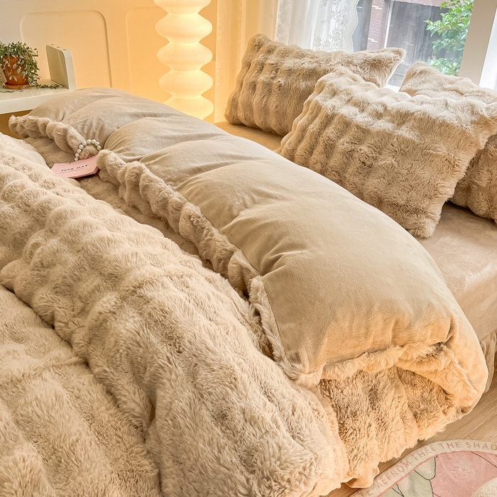 91家纺网 家纺一手货源 找家纺 慕澄家纺 2024新款大泡泡兔毛绒加厚保暖四件套 兔绒-咖