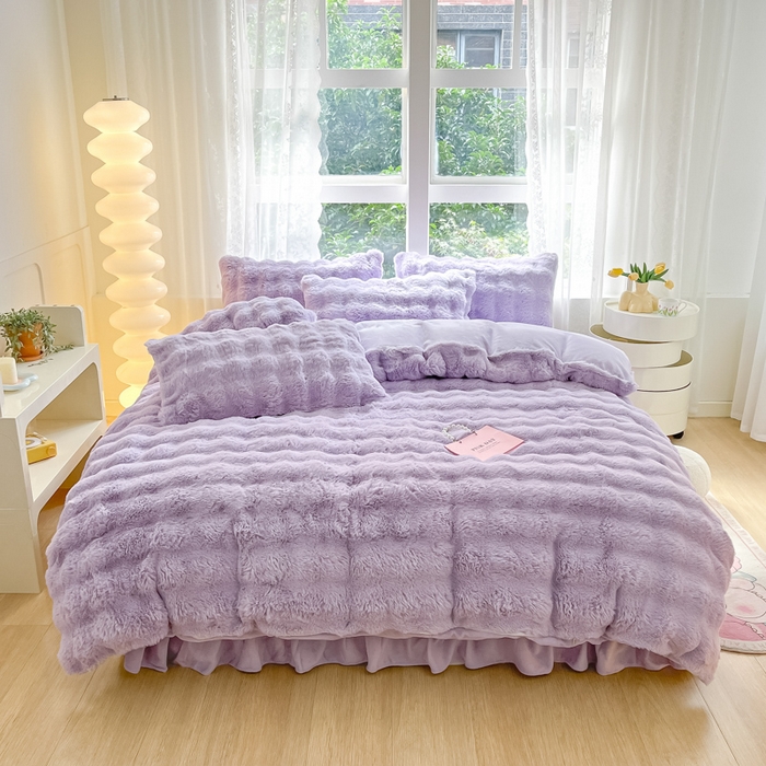 91家纺网 家纺一手货源 找家纺 慕澄家纺 2024新款大泡泡兔毛绒加厚保暖四件套 兔绒-紫