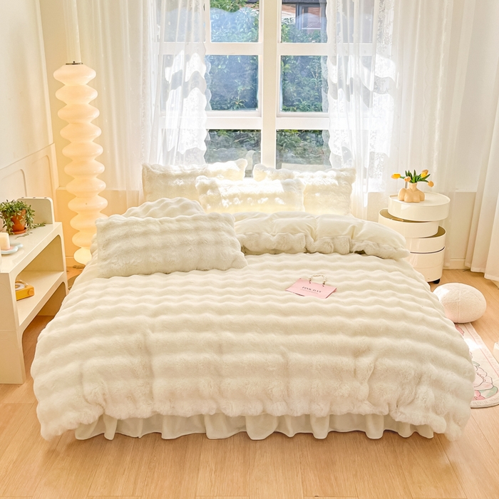 91家纺网 家纺一手货源 找家纺 慕澄家纺 2024新款大泡泡兔毛绒加厚保暖四件套 兔绒-白