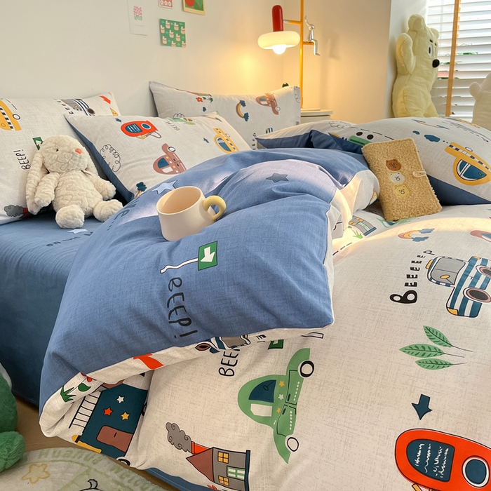 91家纺网 家纺一手货源 找家纺 吉象家纺 2024新款全棉印花卡通四件套系列 汽车嘟嘟